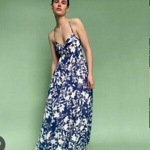 🌸 ZARA Navy & White Floral Knot Maxi Dress – Sz Small 💙✨